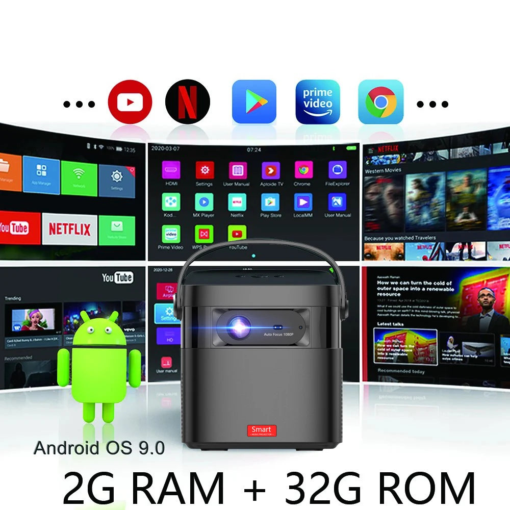 Auto Focus 4K 3D DLP Projector Android 9.0 Build Battery Daytime Proyector 5G Wifi 2G+32G Memory Game Video Beamer