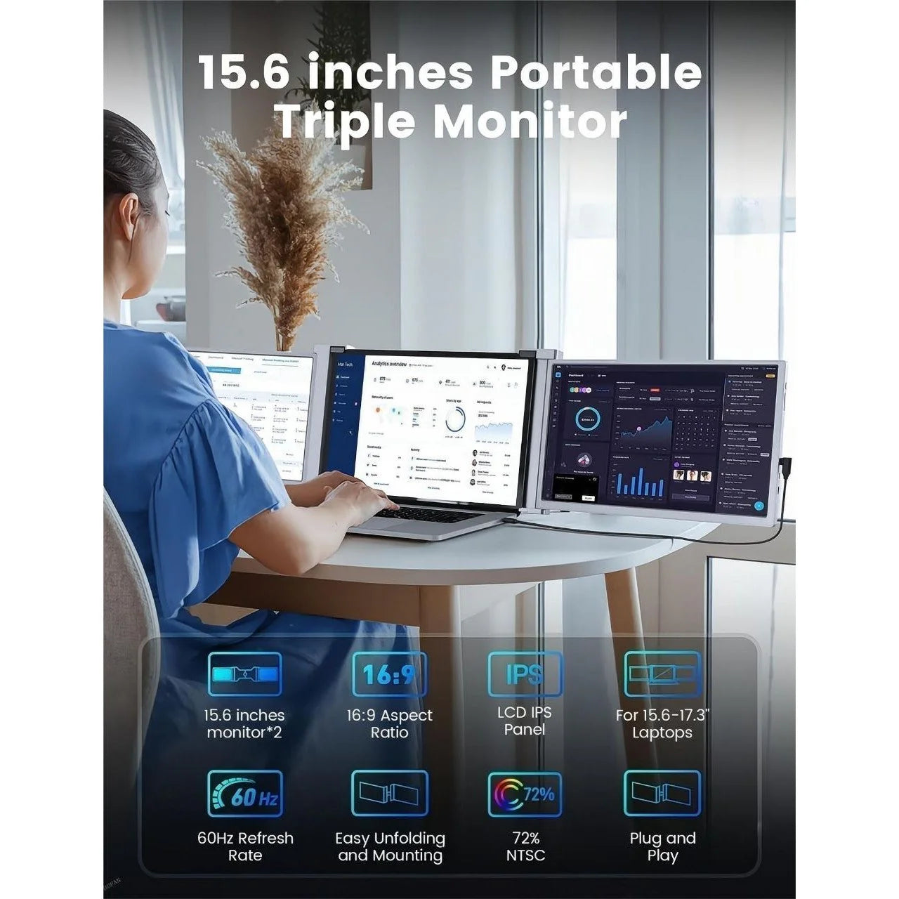 15.6 Inch Trifold Portable Monitor 1080P IPS FHD Laptop Screen Extender for Laptop - Space Grey