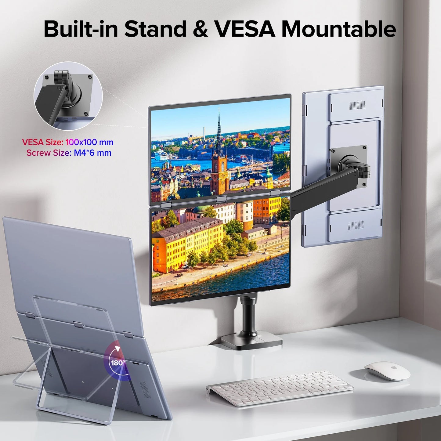 Delta Max 18.5" Portable Monitor for Laptop Screen Extender FHD 1080P Dual Display with VESA 360° Folding Stacked Tripl