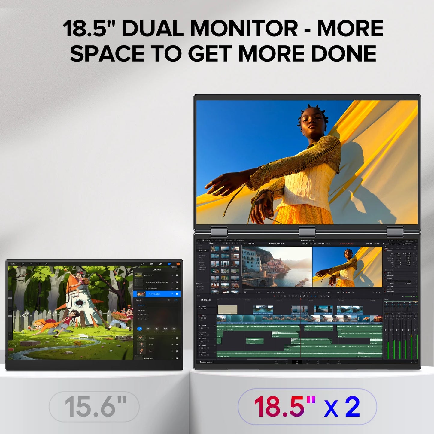 Delta Max 18.5" Portable Monitor for Laptop Screen Extender FHD 1080P Dual Display with VESA 360° Folding Stacked Tripl