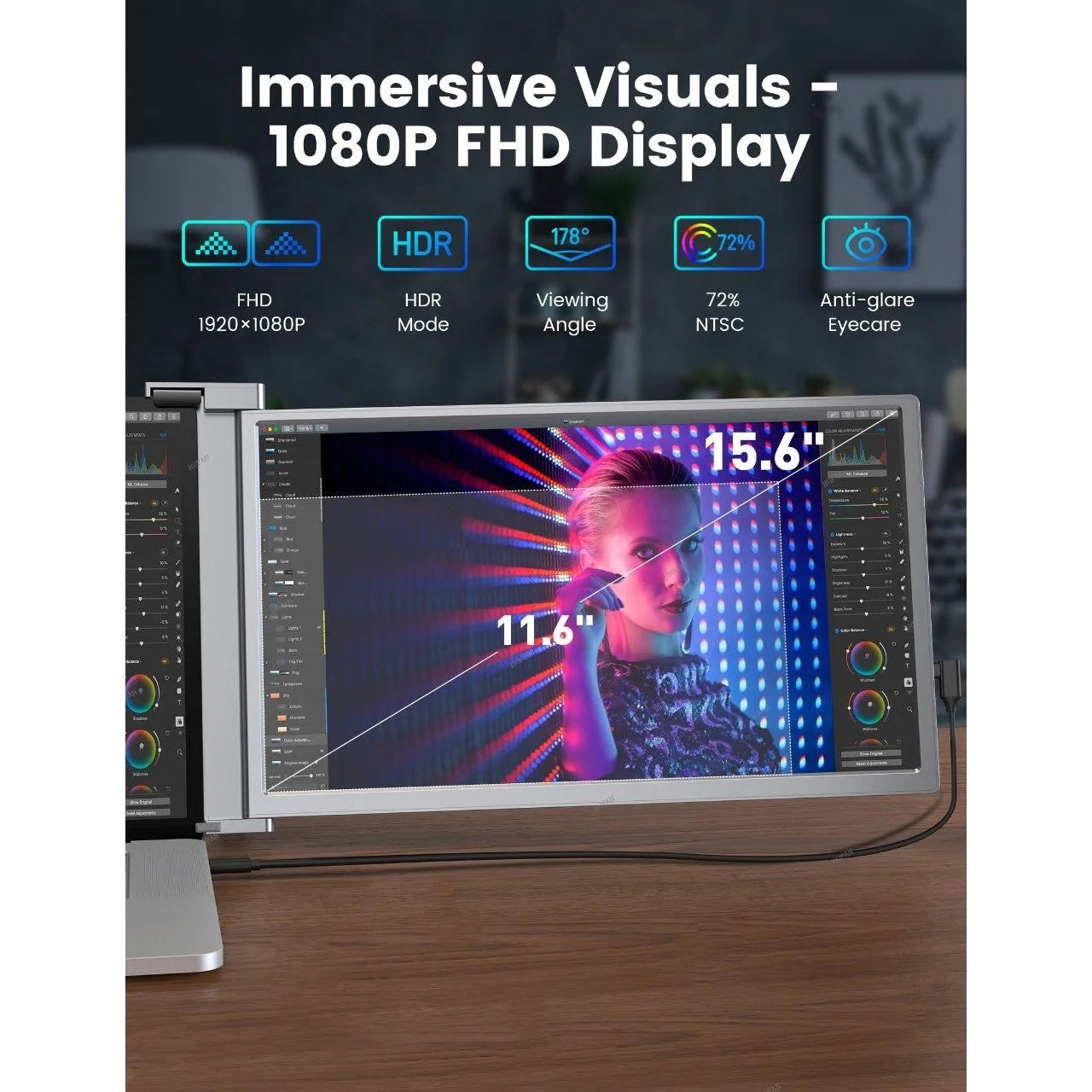15.6 Inch Trifold Portable Monitor 1080P IPS FHD Laptop Screen Extender for Laptop - Space Grey