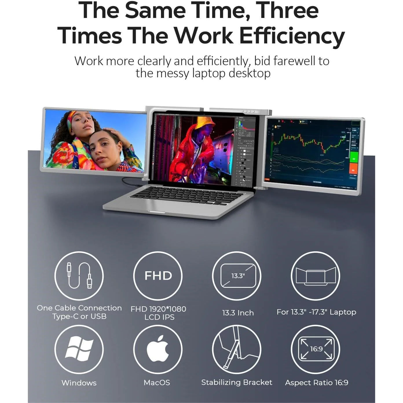 13.3 Inch Trifold Portable Monitor 1080P IPS FHD Laptop Screen Extender for Laptop - Grey ( AU Version )
