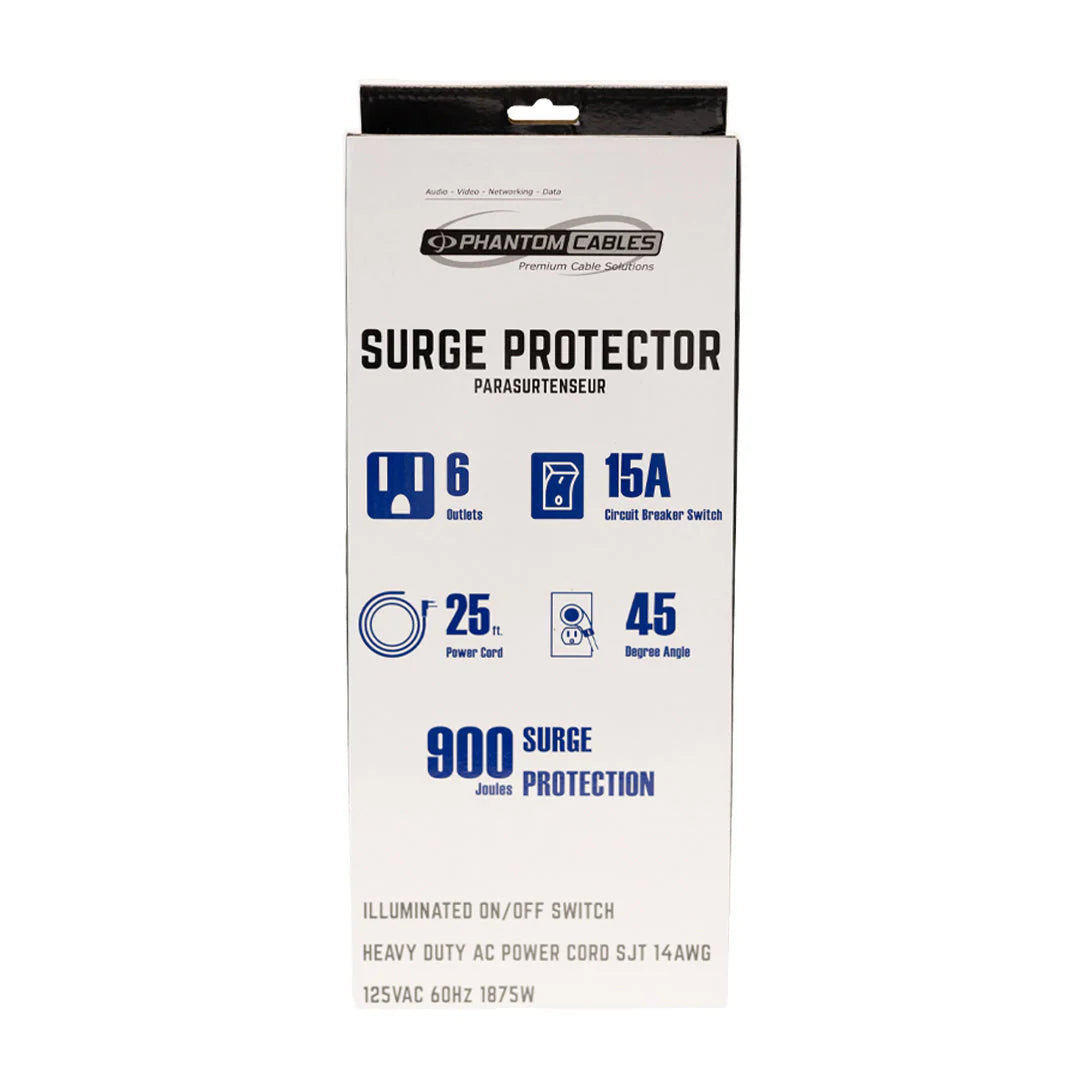 6 Outlet 900J Surge Protector - 45 Degree Angle 5-15P Plug – Circuit Breaker - Black