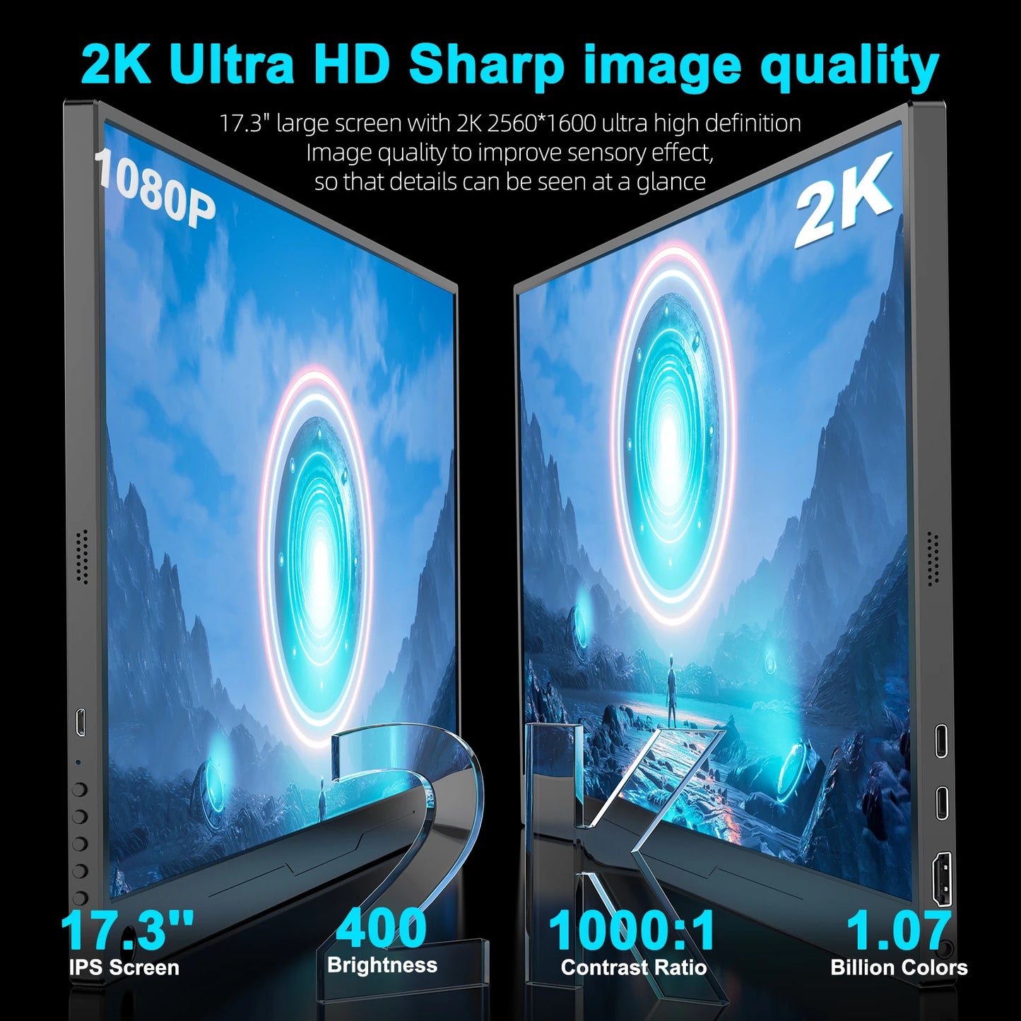 17.3 Inch 2K 144Hz Portable Gaming Monitor 2560X1440 HDR Freesync IPS Display for PC Mac Phone Game Console Steam Deck