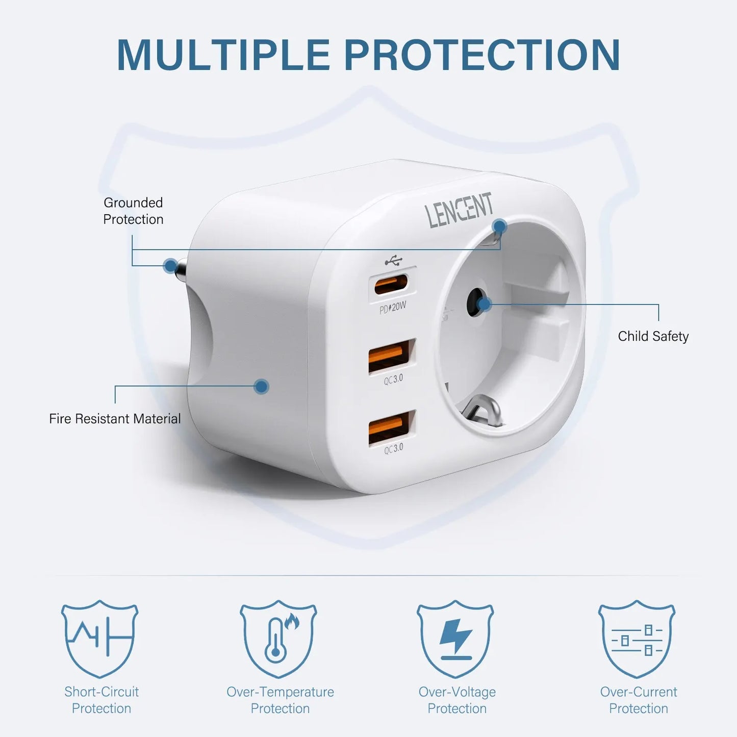 EU Plug Wall Socket Extender with 1 AC Outlet 2 USB QC3.0 and 1 Type C PD 20W Multi Socket Fast Charger for Home Travel