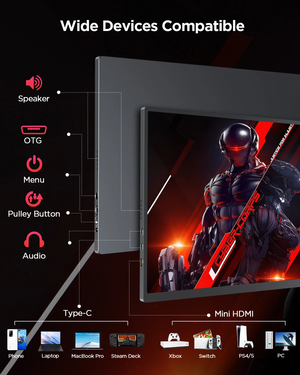 16" 2K Portable Monitor 2560*1600 16:10 100%Srgb 500Cd/M² 120Hz Gaming Display for Xbox PS5 Switch Laptop Mac Phone