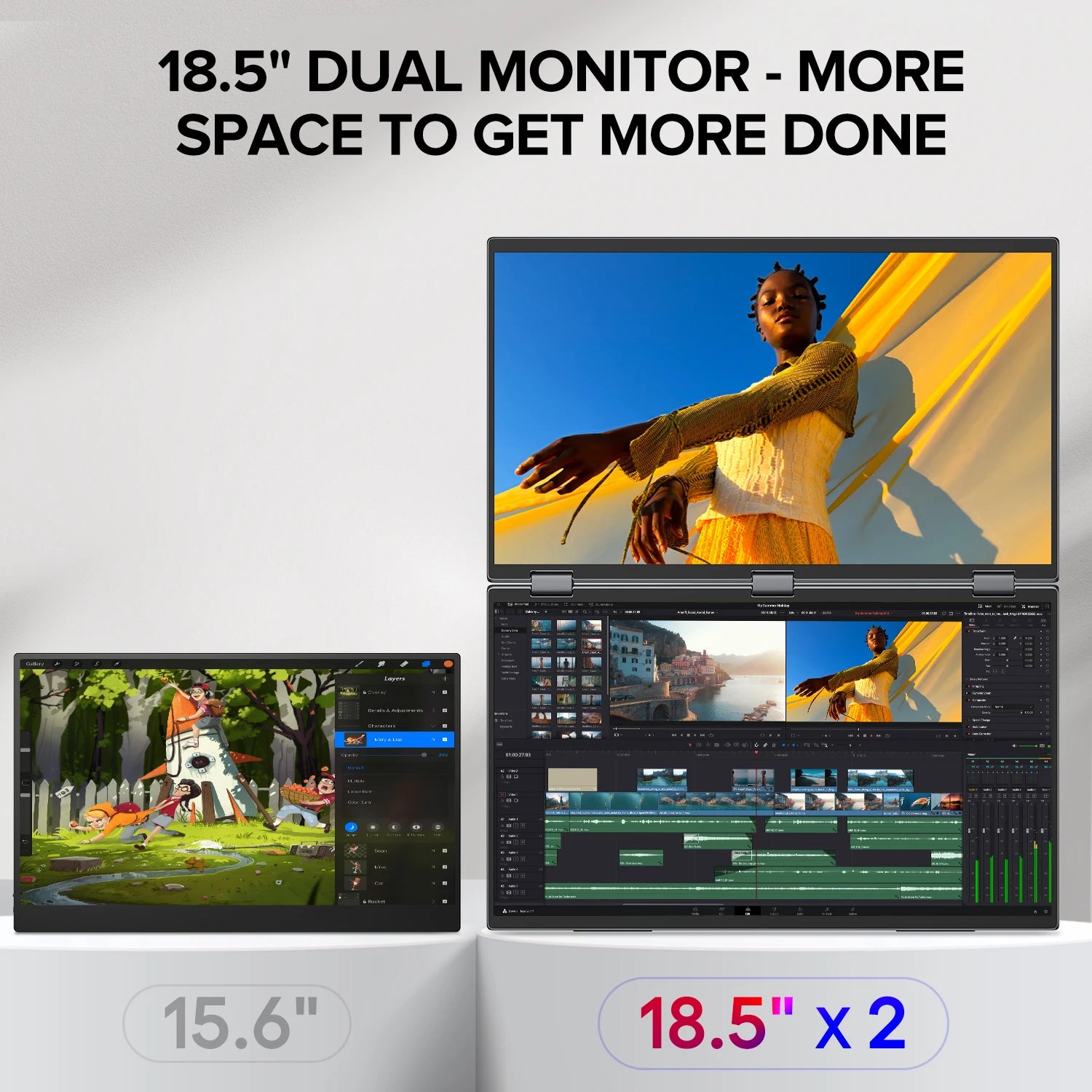 Delta Max 18.5" Portable Monitor for Laptop Screen Extender FHD 1080P Dual Display with VESA 360° Folding Stacked Tripl